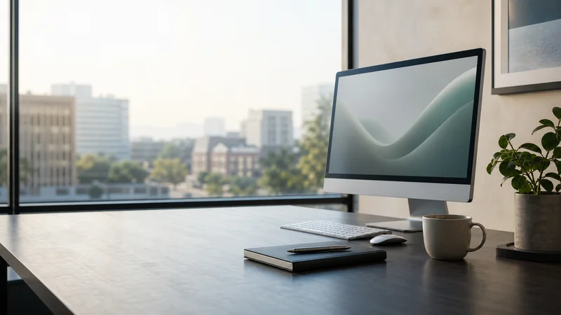 Modern office desk with desktop monitor, notebook and coffee cup