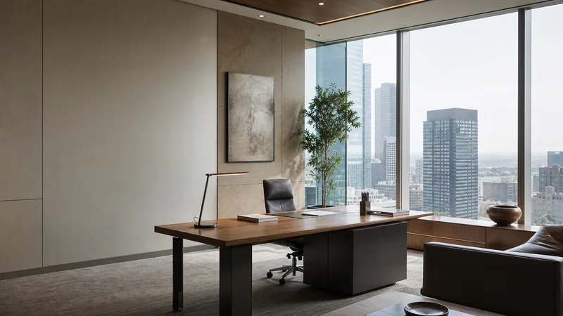 Executive desk beside a large window overlooking a city