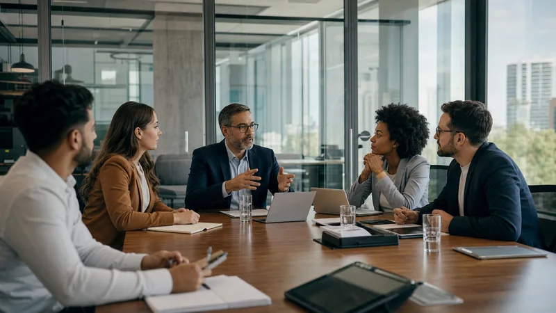 Diverse team holding a discussion in a glass-walled boardroom