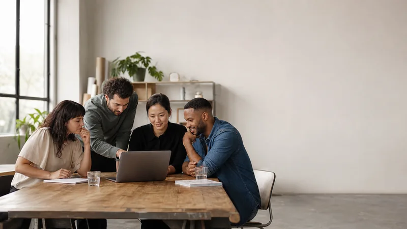 Small business team collaborating around a laptop
