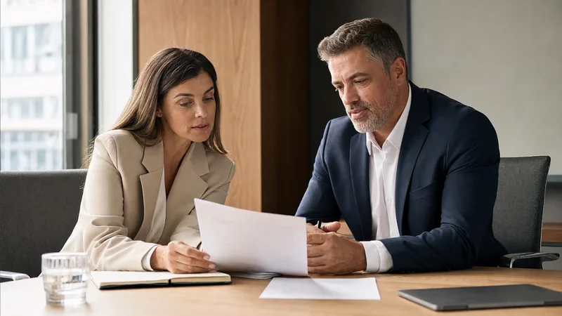 Two professionals reviewing a printed proposal across a meeting table