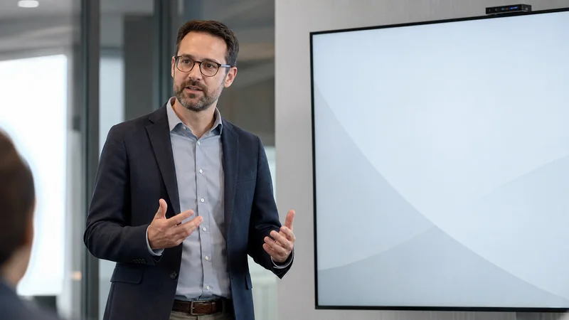 Corporate presenter speaking beside a large blank display