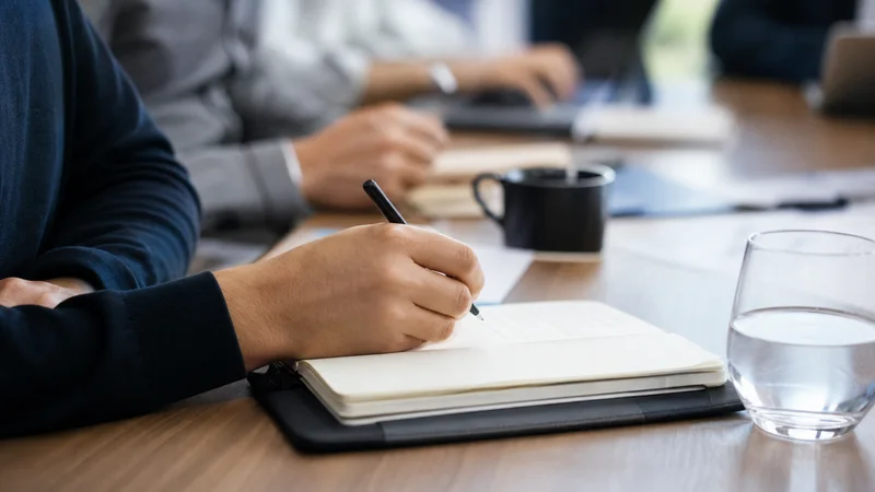 Close-up of hands taking notes during a business meeting
