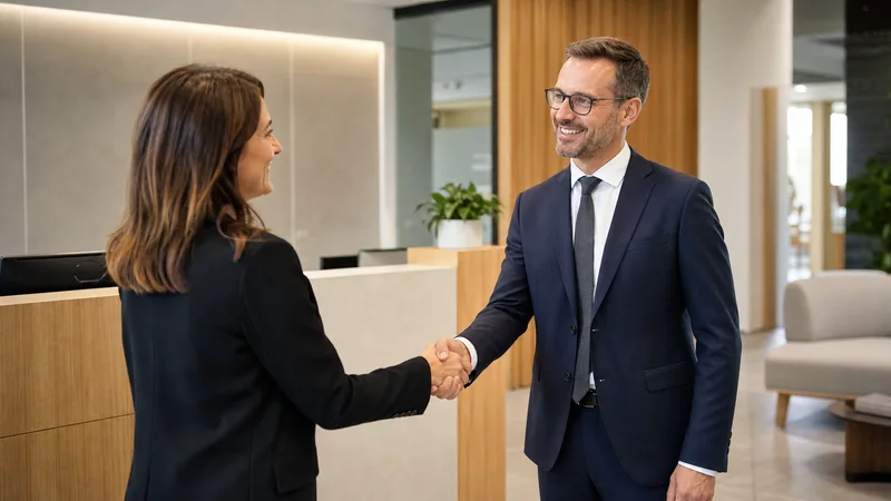 Professional greeting a client in a modern reception area