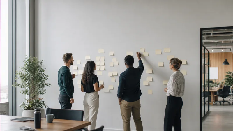 Creative team brainstorming with neutral sticky notes on a wall