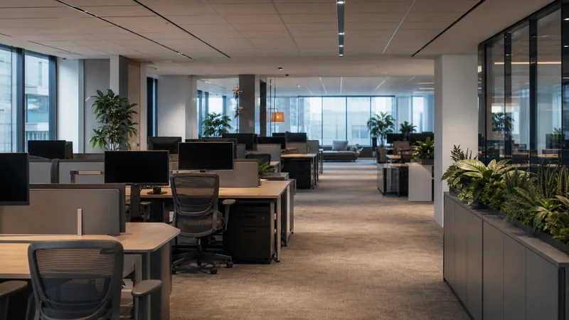 Quiet open-plan office with workstations before business hours