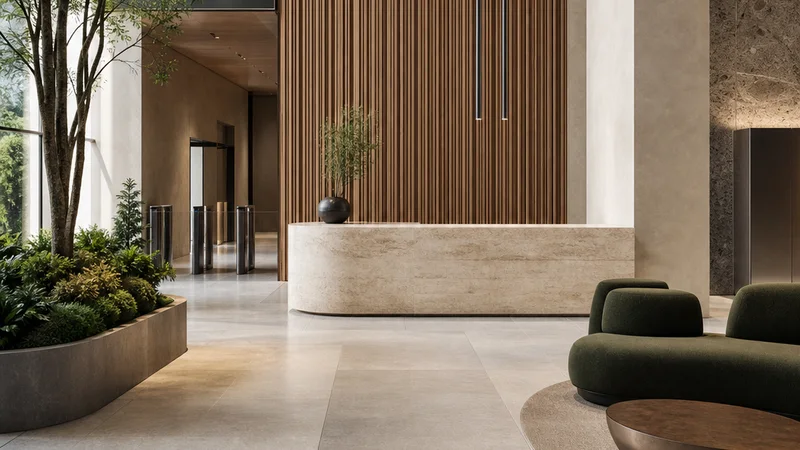 Modern commercial building lobby with natural materials
