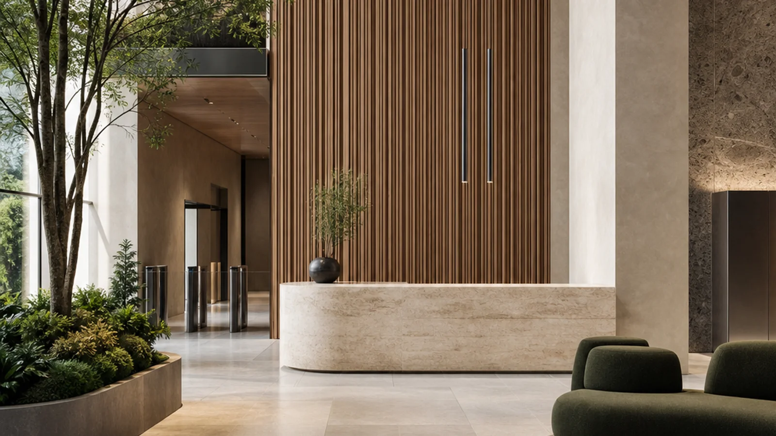 Modern commercial building lobby with natural materials