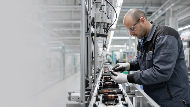 Technician inspecting components on a production line