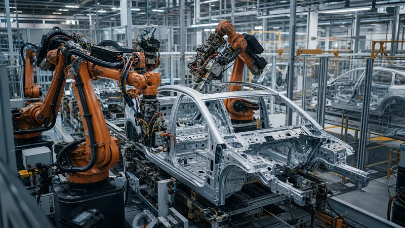 Industrial robotic arms working on a vehicle assembly line