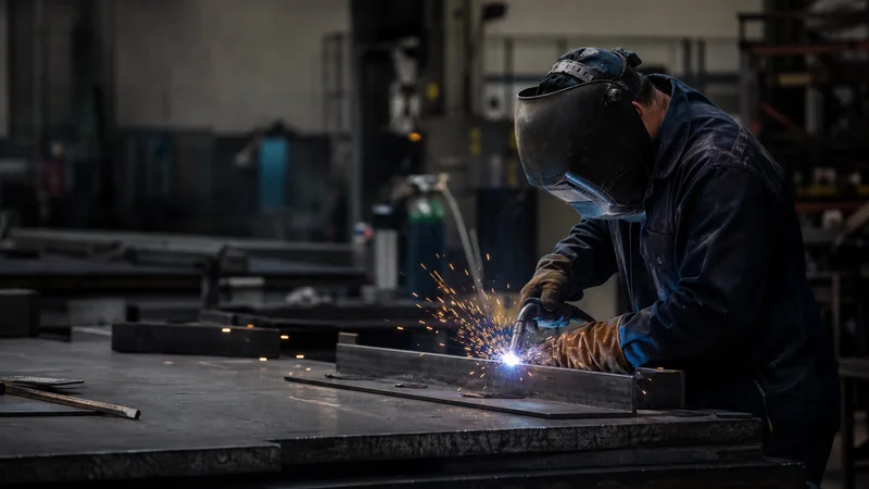 Welder working with protective equipment and controlled sparks