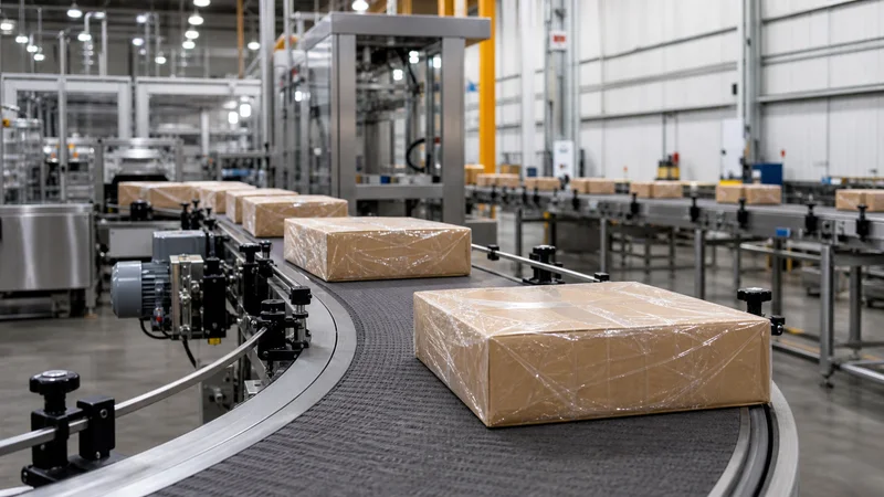 Conveyor system moving packaged products through a facility