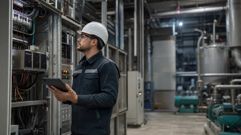 Engineer examining a control panel in an industrial facility