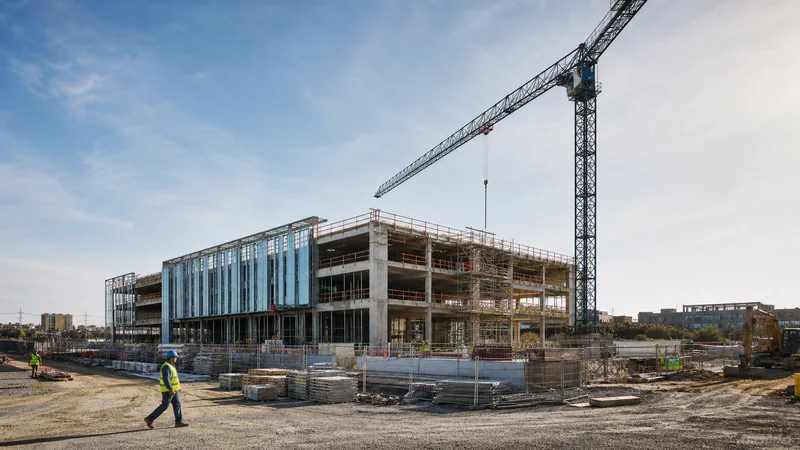 Construction site with crane and partially completed commercial building