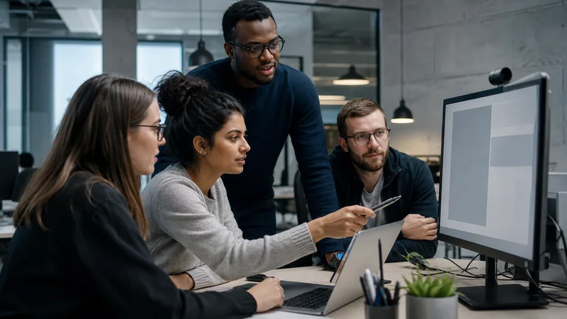 Software team reviewing an interface on a large monitor