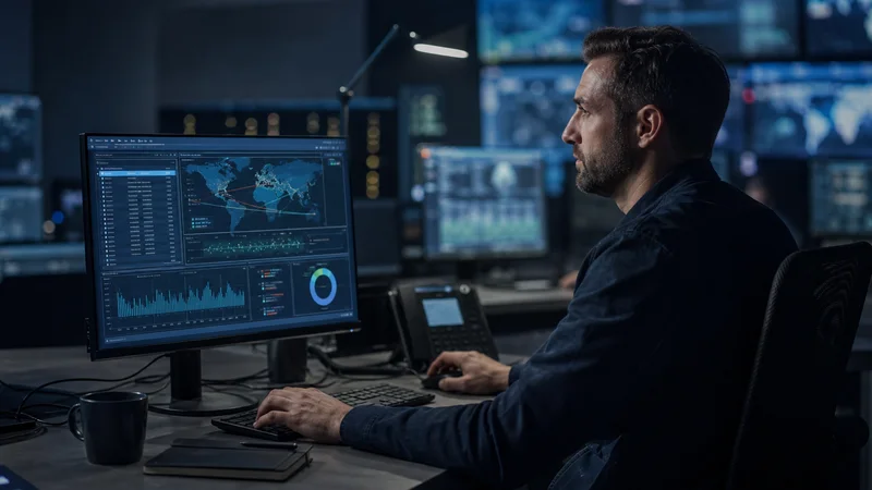 Cybersecurity professional working in a low-light operations room
