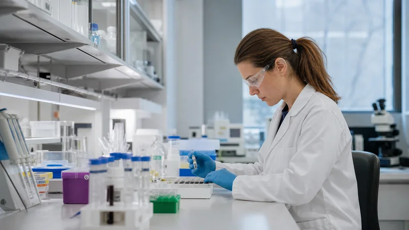 Laboratory researcher examining samples at a workstation