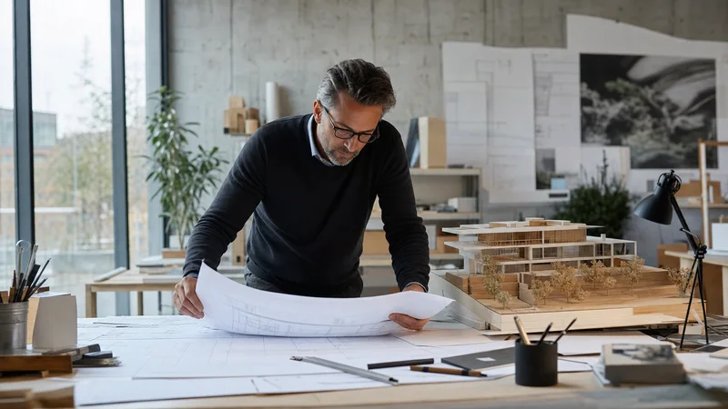 Architect reviewing building plans and a physical model