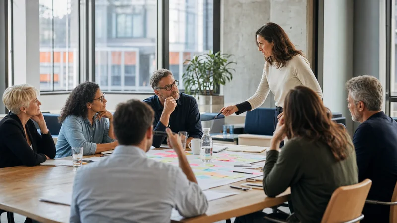 Consultant facilitating a workshop around a large table
