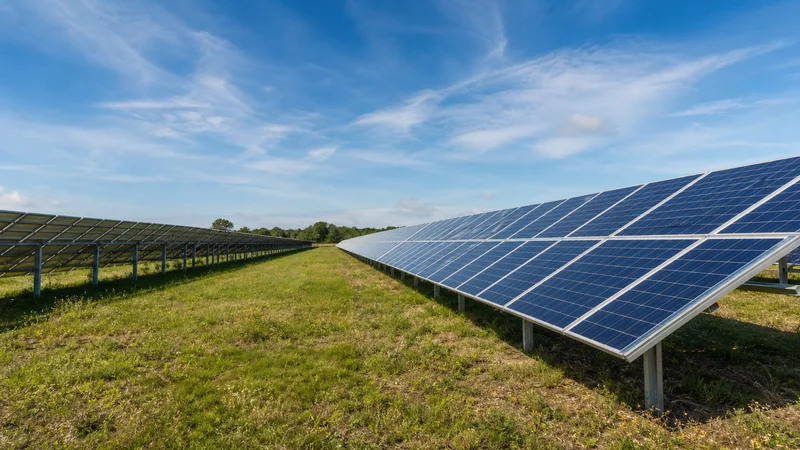 Solar farm under a bright blue sky