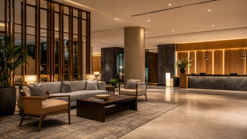 Hotel lobby with warm lighting and contemporary furniture