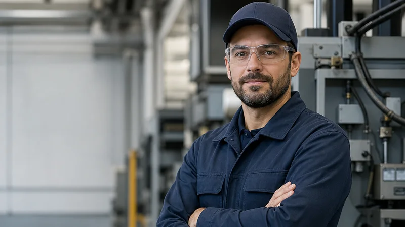 Mid-length portrait of a male technician wearing a cap and clean uniform