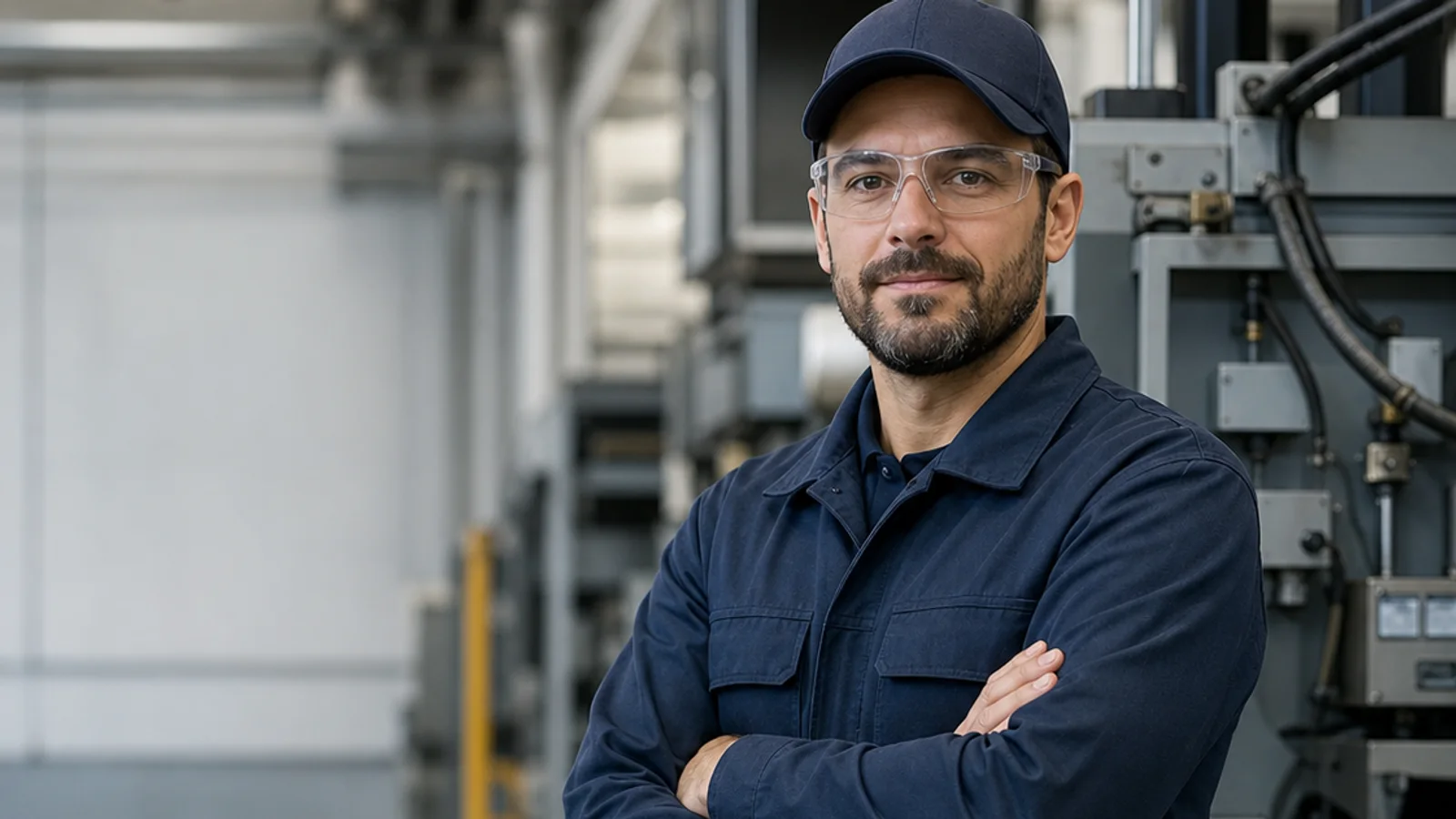 Mid-length portrait of a male technician wearing a cap and clean uniform