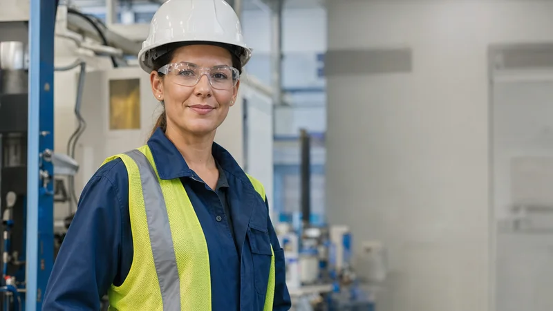 Mid-length portrait of a female technician wearing safety equipment
