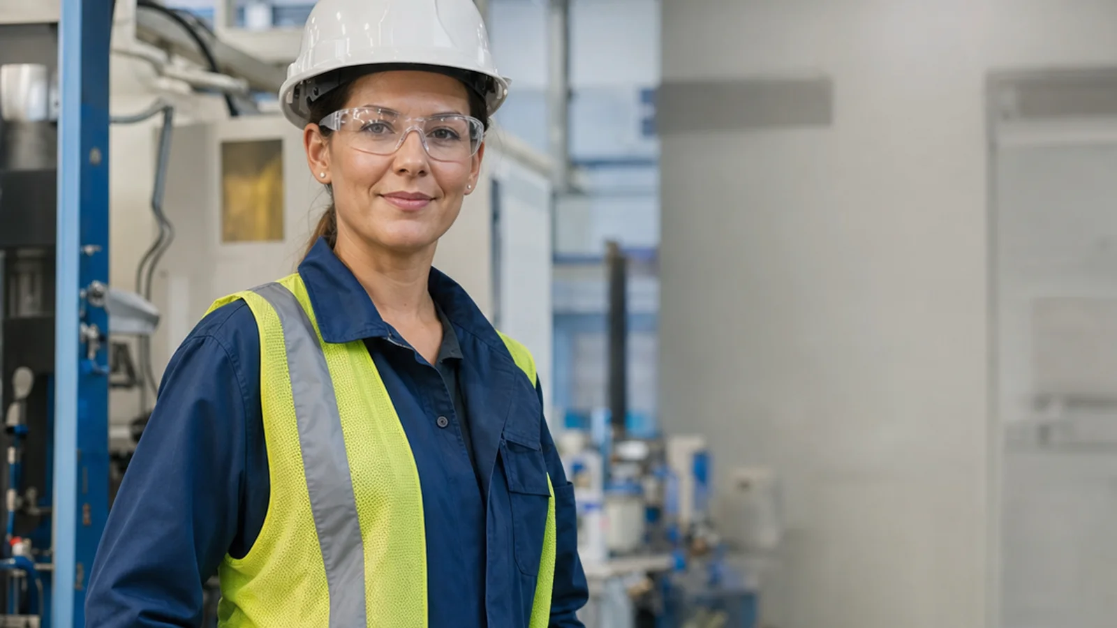 Mid-length portrait of a female technician wearing safety equipment