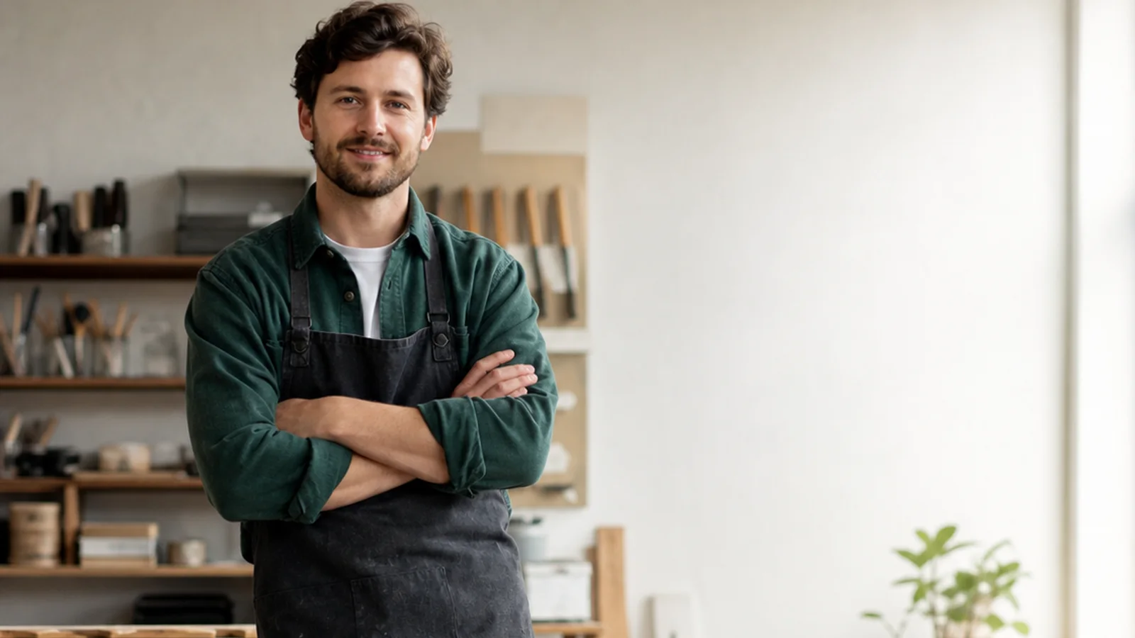 Confident younger male entrepreneur in a small workspace