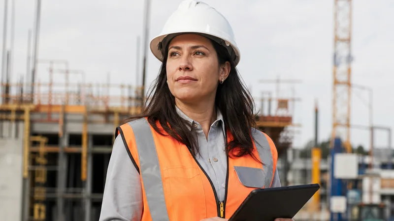 Female engineer wearing a hard hat at a construction site