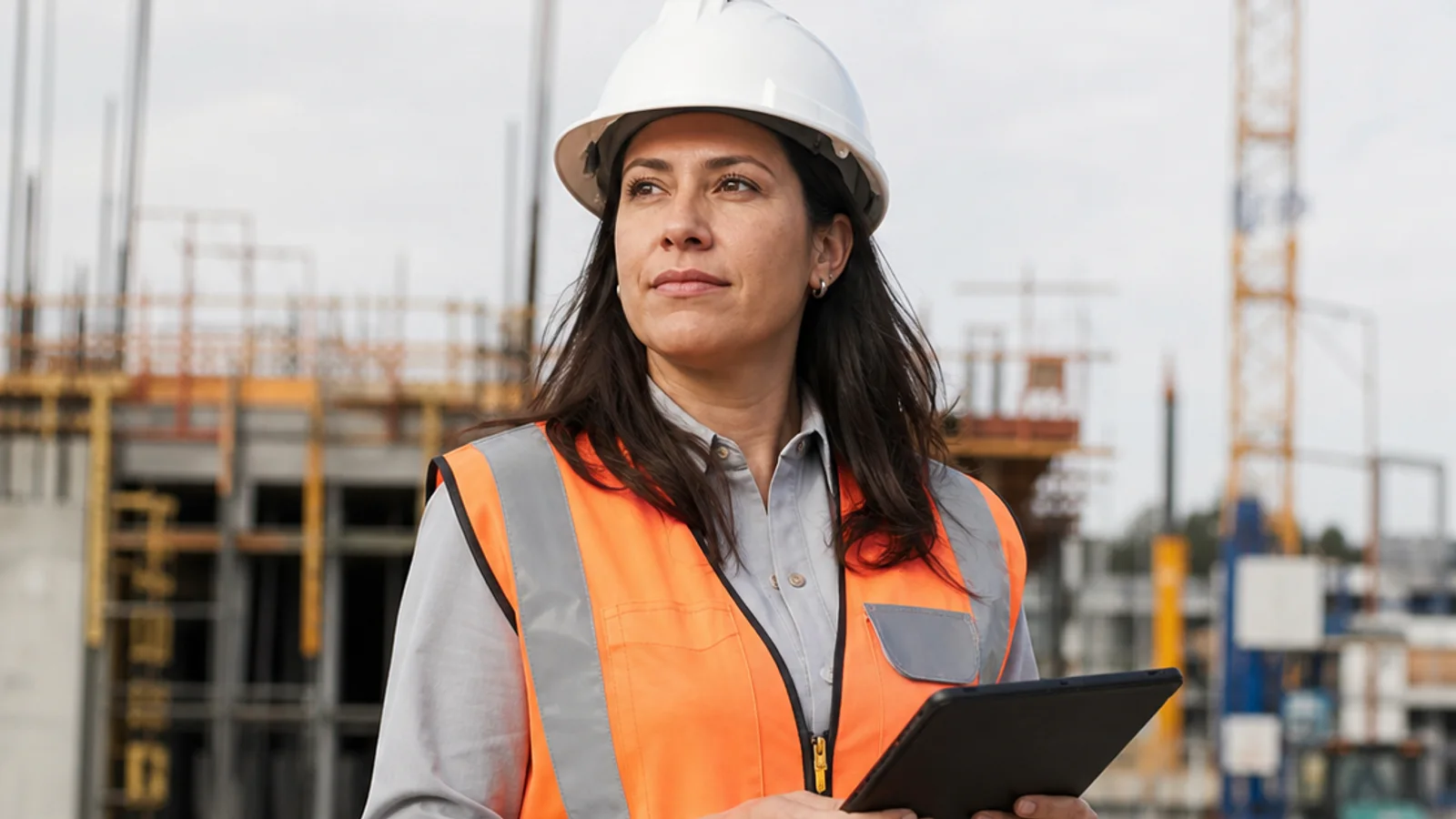 Female engineer wearing a hard hat at a construction site