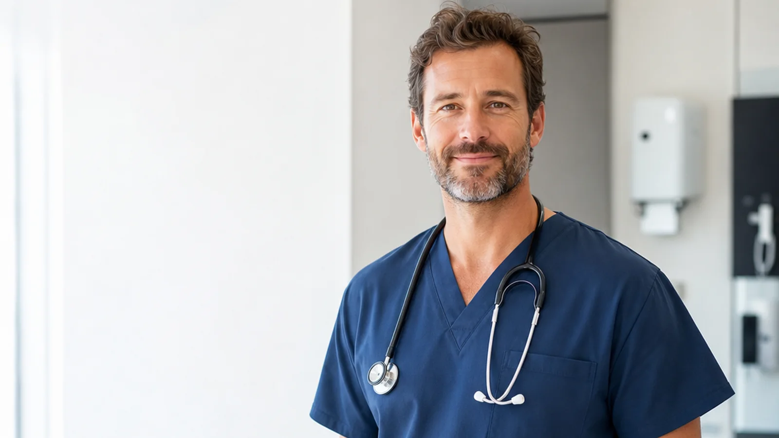 Male healthcare professional in a bright clinical environment