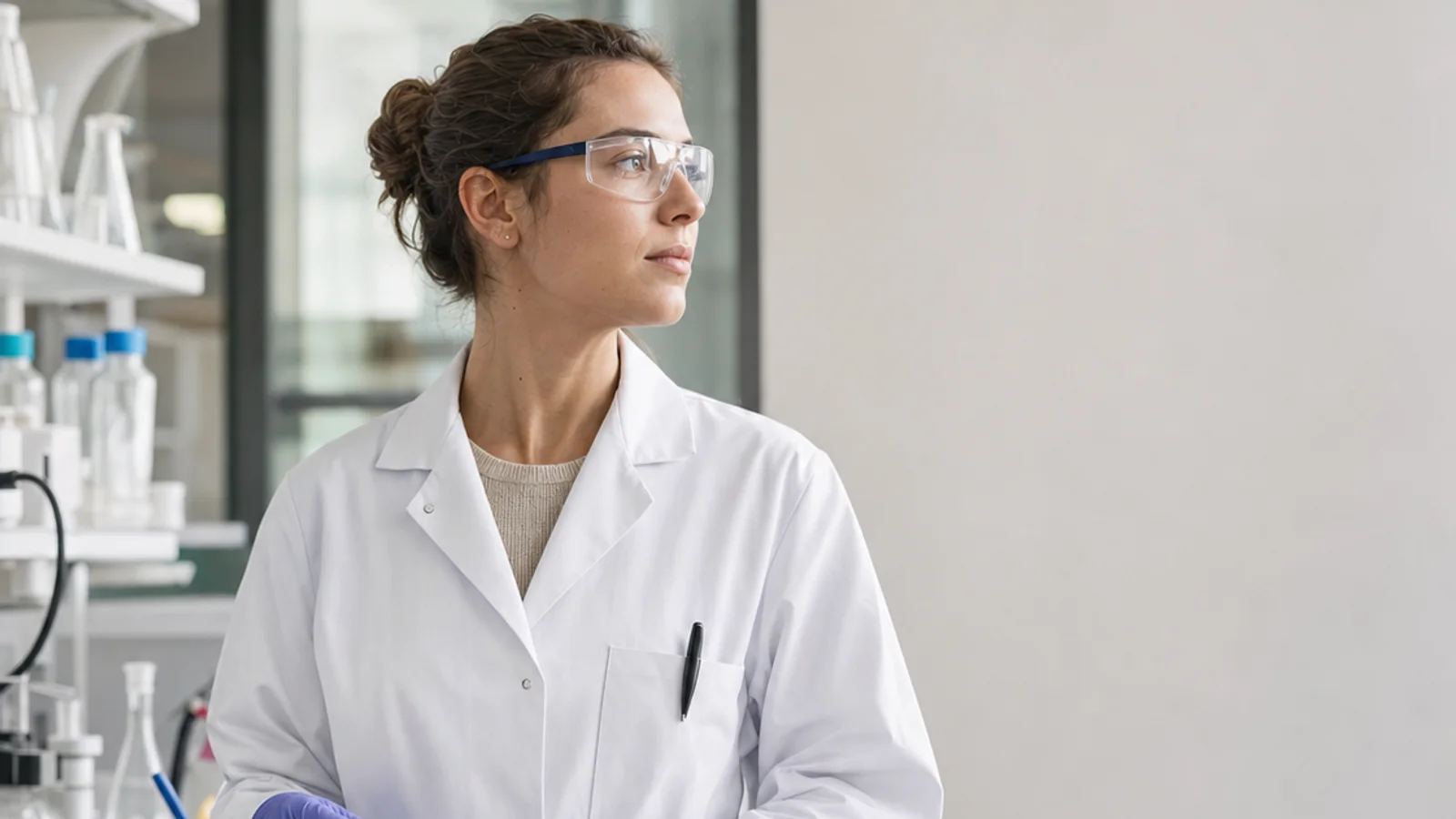 Female scientist wearing a lab coat in a research laboratory