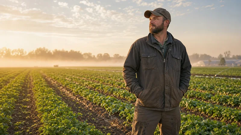 Farmer standing in a cultivated field during early morning