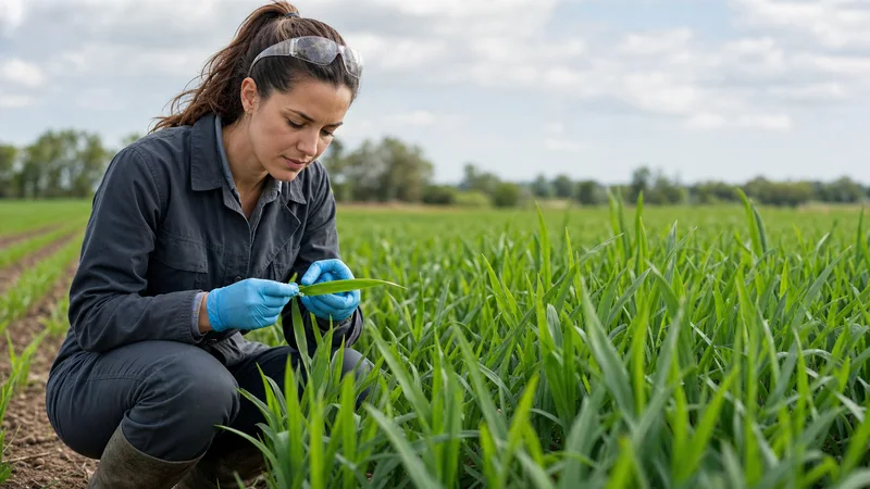 Female agricultural specialist inspecting a crop