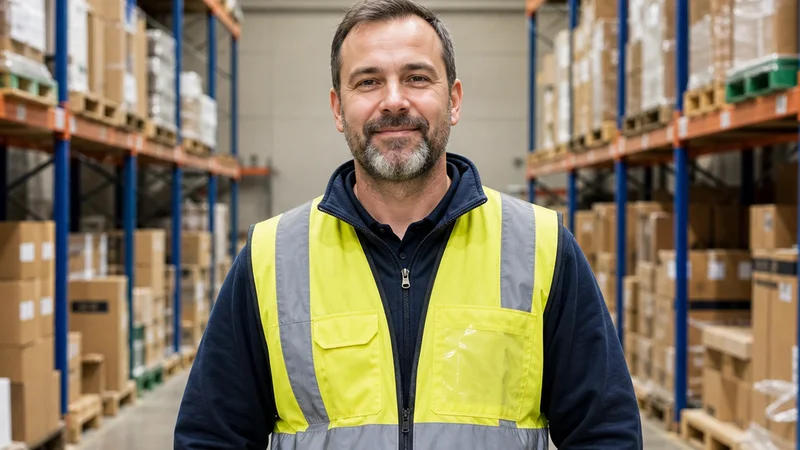 Warehouse supervisor standing between organized storage racks