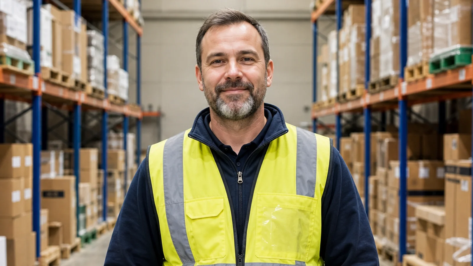 Warehouse supervisor standing between organized storage racks