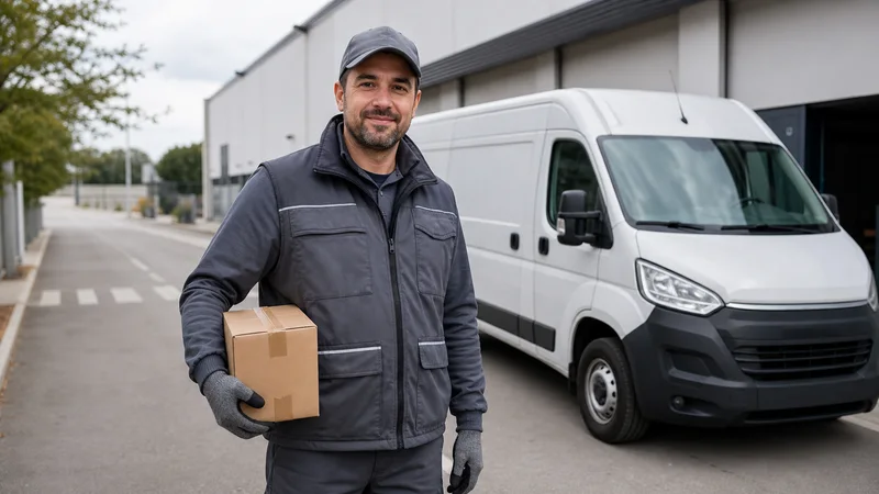 Delivery driver beside an unbranded commercial vehicle