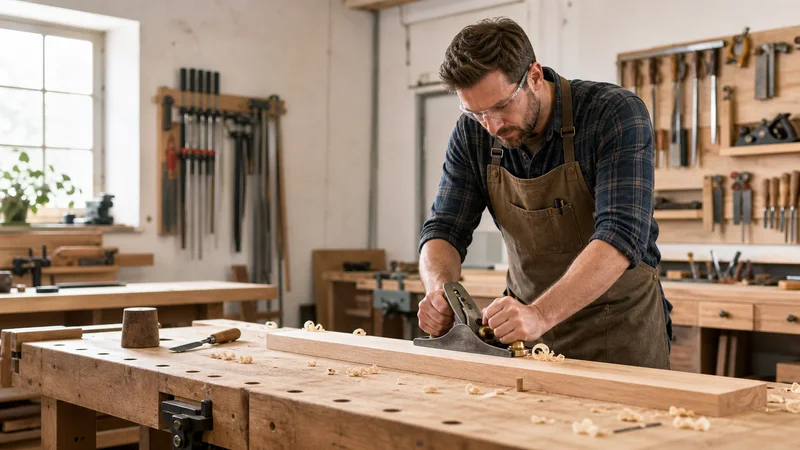 Skilled craftsperson working at a clean woodworking bench