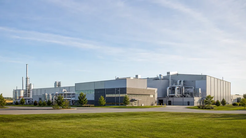 Wide establishing view of a manufacturing plant, soft daylight, clear open sky for overlaid text