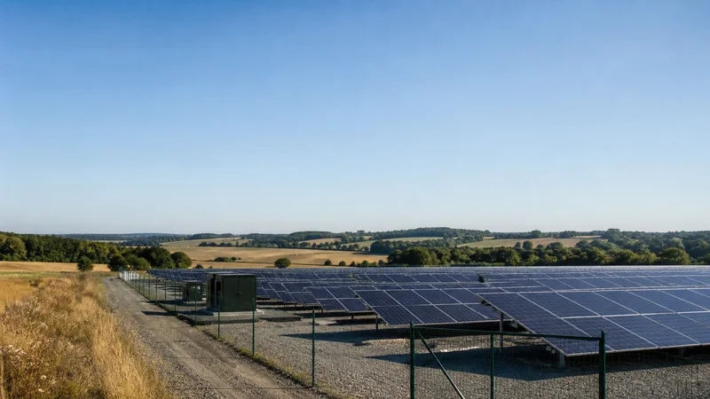 Wide establishing view of a solar farm at the edge of open country, soft daylight, clear open sky for overlaid text