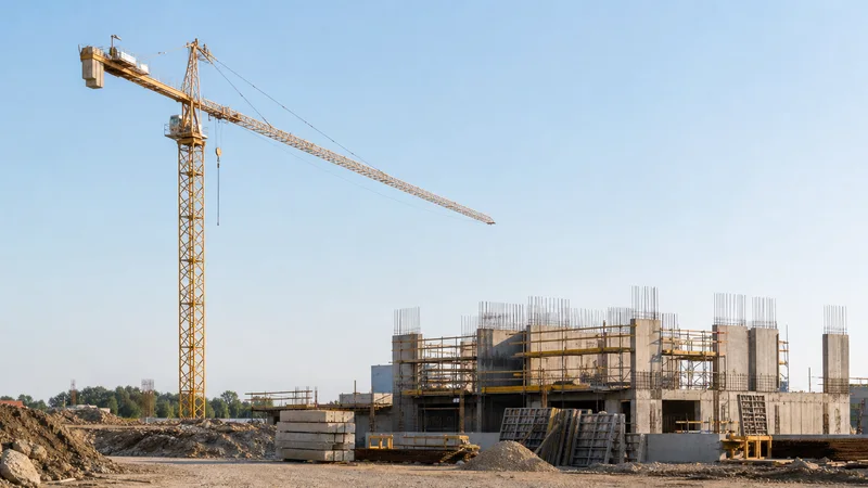 Wide establishing view of a active construction site with a tower crane, soft daylight, clear open sky for overlaid text