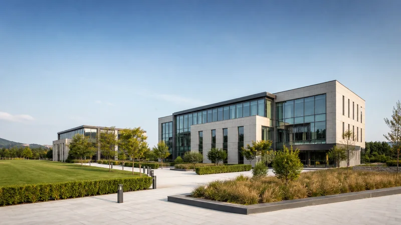 Wide establishing view of a modern business campus, soft daylight, clear open sky for overlaid text