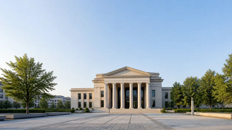 Wide establishing view of a classic professional-services building, soft daylight, clear open sky for overlaid text