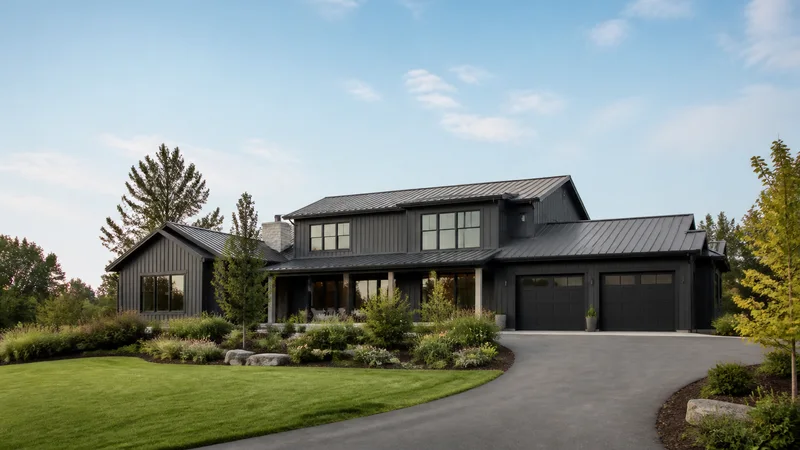 Wide establishing view of a attractive residential property exterior, soft daylight, clear open sky for overlaid text