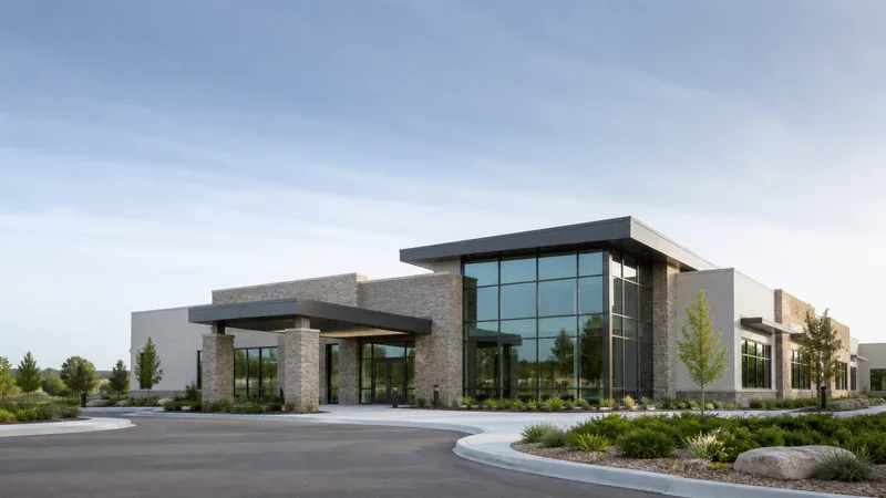 Wide establishing view of a modern medical clinic building, soft daylight, clear open sky for overlaid text