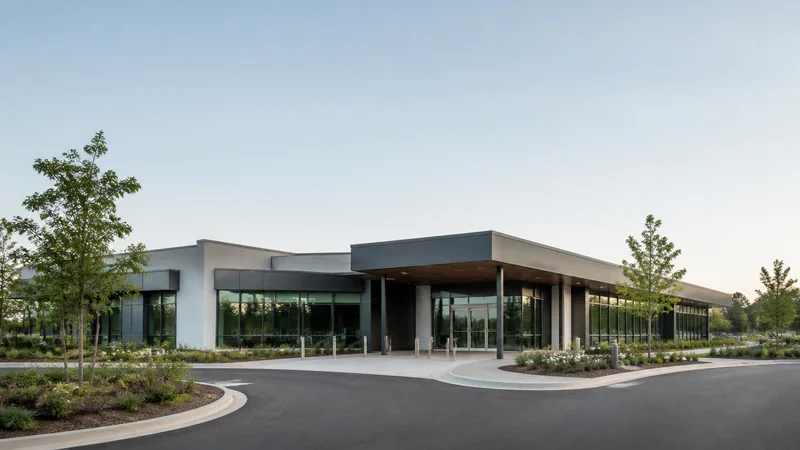 Wide establishing view of a rehabilitation centre entrance, soft daylight, clear open sky for overlaid text