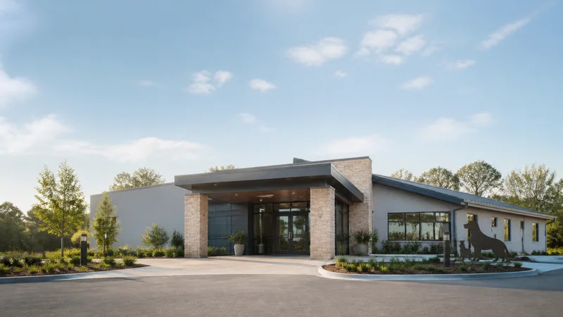 Wide establishing view of a veterinary clinic entrance, soft daylight, clear open sky for overlaid text