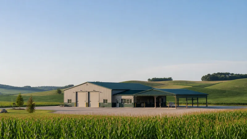 Wide establishing view of a rolling farmland under open sky, soft daylight, open sky above for overlaid text